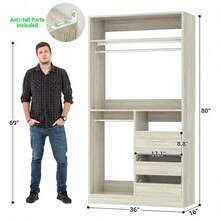 Freestanding Closet System With 2 Hanging Rods & 3 Open Drawers & 3 Shelves - 白橡木 - 查看 6