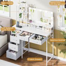 Vanity Desk With Mirror And Lights, 3 Color Modes With Adjustable Brightness, 5 Spacious Fabric Drawers & Open Storage Shelves, Modern Makeup Vanity Table For Bedroom - 查看 4