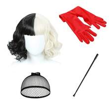 7pcs Black & White Witch Wig, Mask, Gloves, Cigarette Holder, Necklace Set, Halloween Funny Cosplay Costume Props, Euramerican Style, In Stock For Autumn/Winter