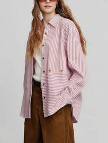 2025 Autumn New Asymmetric Patchwork Design Striped Long Sleeve Cardigan Blouse