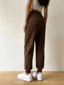 Pantalones De Cintura Alta Para Mujer Con Bolsillos En Diagonal Y Costura al frente - Café ligero - Ver 3