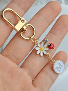 1pc Unisex A-Z Letter Stainless Steel Keychain, Minimalist Letter, Flower, Ladybug Design, Gift For Friends, Bag Pendant - Multicolor - View 17