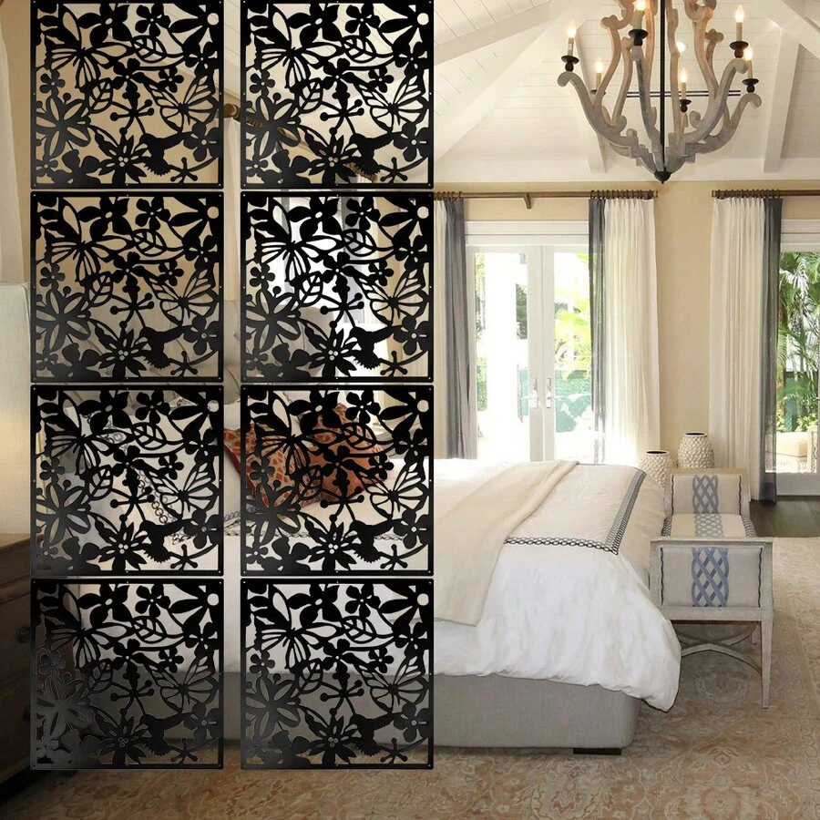 Hanging Room Divider Decorative Thick Wall Screen Panels Floral Carving Pattern Hollow Out Design For Bedroom Living Dining Room Kitchen Office Restaurant Home Hotel Decor, 15.7"X15.7" - Black - View 1