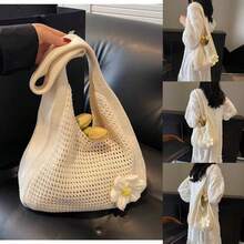 Khaki Upgraded Version Hand - Crocheted Hollow - Out Bag, Floral - Decorated Literary - Style Single - Shoulder Bag00 - 杏色 - 查看 3