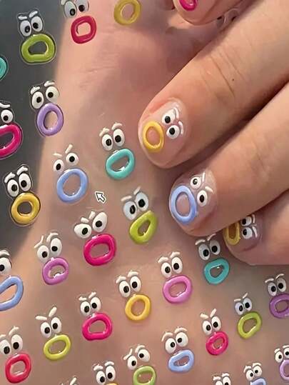 2/4/8/16 hojas Pegatinas de uñas de ojos de monstruo de boca grande y alivio de monstruo de boca 3D de gelatina, pegatinas de uñas de cara de dibujos animados