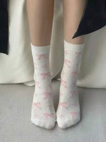زوج/3 أزواج من جوارب قصيرة كيوت وردية مطبوعة بفيونكة، جوارب كاجوال، جوارب يومية جميلة، جوارب موضة يومية، مناسبة للارتداء اليومي، مناسبة لجميع الفصول