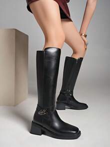 2025秋冬新款中跟仿皮过膝靴，简约摩托骑行风格，百搭女士高筒靴