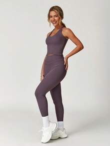 MASKERT "2-Piece Set"Women's Vest Yoga Tight Pants Set, High Stretch Running Sports Set, Comfortable And Skin Friendly - 紫色 - 查看 7