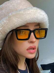 2 Pieces Of Women's Acrylic Casual Rectangular Fashion Glasses, Black + Silver / Black + Brown, Two Combinations To Choose From, Suitable For Festival Outings And Beach Parties, Suitable For Summer Beach Vacations, Outdoor, Travel - đen + cam - Xem 1