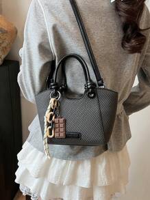 时尚编织纹理拼色水桶包，休闲日常上班通勤大容量手提包，简约百搭购物手提包，轻便斜挎包，流行时尚设计女士单肩包 - 黑色 - 查看 3