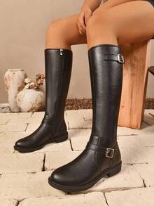 2025秋冬女士过膝靴，时尚黑色侧拉链摩托车靴，及膝马靴。适合日常穿着，出席宴会、派对、时装秀、中筒靴、过膝靴和日常鞋履。 - 黑色 - 查看 5