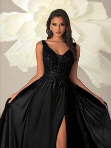 VIPGIRL Đầm dạ hội maxi đen cổ chữ V xẻ cao đính sequin xuyên thấu, đầm dự tiệc sang trọng thanh lịch dành cho nữ, đầm dự tiệc, đầm dài nữ, đầm maxi, đầm dạ hội, đầm dự đám cưới, đầm trang trọng mùa xuân - màu đen - Xem 6