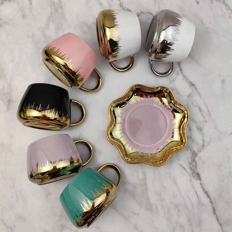 2pcs Ceramic Coffee Cup & Saucer Set, Macaron Colors Electroplated Silver/Gold/White/Black, 90ml Capacity, Couples Gift, Home/Party Use For Coffee, Tea, Water
