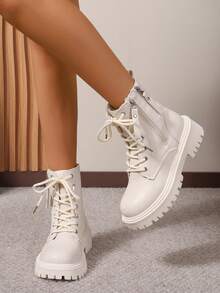 2026 Autumn/Winter New Women Shoes, Warm Winter Boots, Fashion Versatile Casual Women Shoes, Leather Ankle Boots, Black & White Short Boots With Lace-Up & Side Zipper, Flat Women Boots, Women Ankle Boots & Short Boots, Fashionable Women Boots