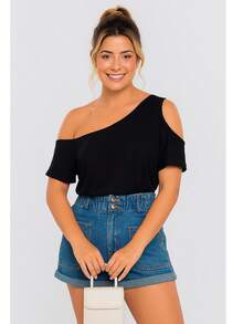 Women's Basic Viscolycra Blouse Round Neck Baby Look Short Sleeve - 黑色 - 查看 2