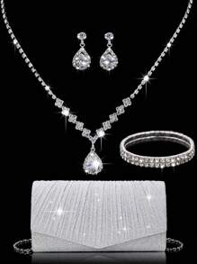 女士钻石首饰 闪耀奢华水钻首饰套装 闪耀项链 耳环 手链套装 闪粉皱纹手提宴会包 V型翻盖信封包 手提包 宴会包 钱包手提包 优雅手提宴会包 手提包 女士舞会手提包 女士新娘宴会包 舞会手提包 金属链条手提包 婚礼派对手提包 酒会婚礼 新款钱包宴会包