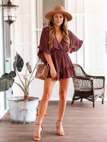 Saodimallsu Womens Ruffle Layered V Neck Beach Romper Drawstring Waisted Shorts Jumpsuit - Đậu đỏ xay nhuyễn - Xem 4