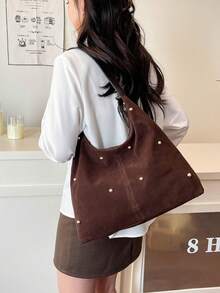 新款时尚手提包，性感铆钉托特包，女士通勤个性化丝绒斜挎包 - 咖啡棕 - 查看 6