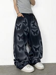 1 chiếc quần jean nam ống rộng, chất liệu denim mài, kiểu dáng thường ngày, vẽ tay, hiệu Hearty Haven (không kèm thắt lưng và phụ kiện) - màu đen - Xem 1