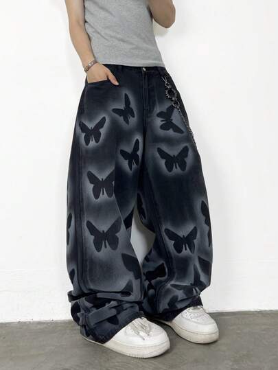 1 chiếc quần jean nam ống rộng, chất liệu denim mài, kiểu dáng thường ngày, vẽ tay, hiệu Hearty Haven (không kèm thắt lưng và phụ kiện)