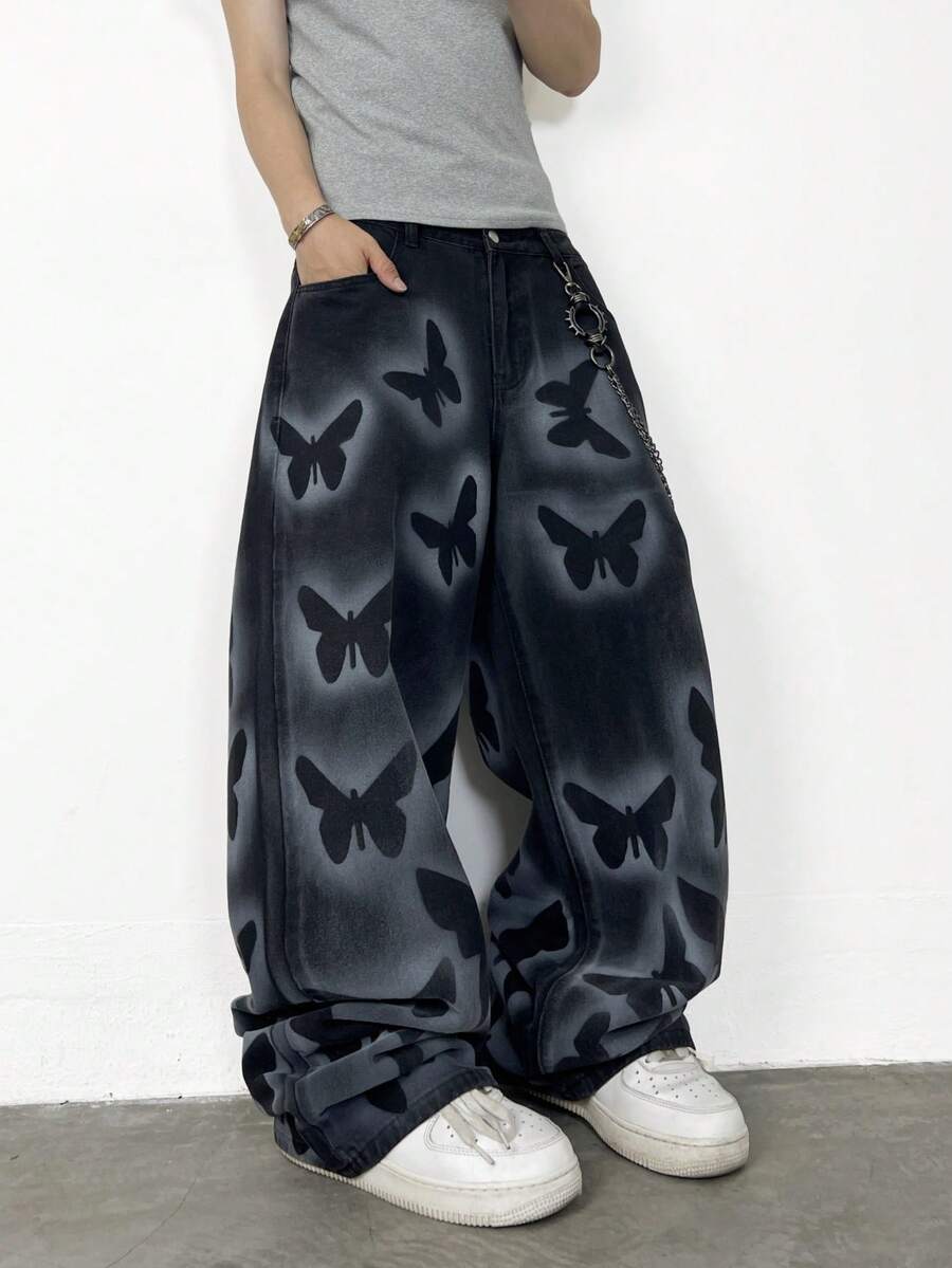 1 chiếc quần jean nam ống rộng, chất liệu denim mài, kiểu dáng thường ngày, vẽ tay, hiệu Hearty Haven (không kèm thắt lưng và phụ kiện) - màu đen - Xem 1