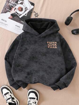 男童印花连帽卫衣，学生秋冬连帽套头衫，青少年服装