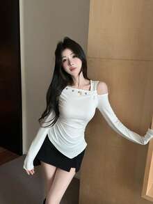 韩版设计不对称肩长袖T恤上衣，春季款