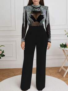 优雅性感女士长袖网纱连体裤，阔腿设计，撞色蕾丝细节，高弹半透明，适合派对穿着，烫金和链条设计，秋季、冬季、圣诞节、派对、晚宴、情人节等场合。 - 黑色 - 查看 1