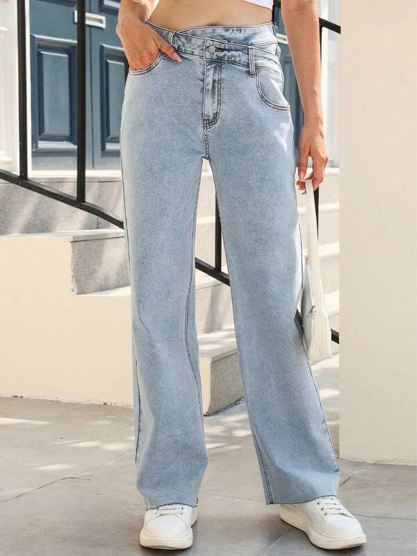 Women's Casual Loose Comfortable Personalized Waistband Straight Leg Wide Leg Double Waistband Solid Color Casual Cute Elegant Sexy Denim Stepped Waistband/Crossed Waistband Asymmetric/Asymmetrical Double Waistband Fashion Women Stretchy Jeans Suitable For Night Out, Holidays, Office, Vacation, Daily Wear, All Seasons