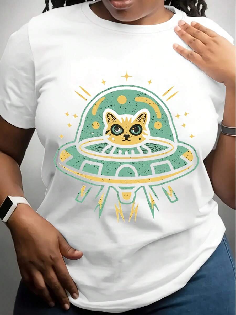 Alien Cat Women's Plus Size Sports Short Sleeve T-Shirt - 白色 - 查看 1