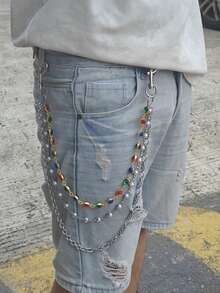 DIY Stainless Steel Multicolour Round Bead Agate Three Layer Pants Chain Men One's Waist Luxury Accessories Retro Keychain Hip Hop Jewelry Product Colors Randomly Send