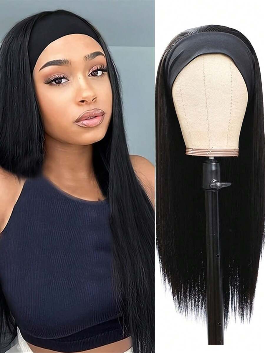 Black Straight Hair Hoop Wig, Women's Long Soft Heat-Resistant Synthetic Fiber Hoop Wig, Suitable For Daily Wear And Parties - Black - View 1
