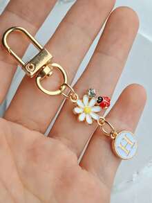 1pc Unisex A-Z Letter Stainless Steel Keychain, Minimalist Letter, Flower, Ladybug Design, Gift For Friends, Bag Pendant - Multicolor - View 13