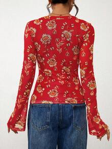 Women Floral Mesh V Neck Long Sleeve Button Down Ruched Shirt Fitted Sexy Boho Blouse Tops Outfits - Red - View 2