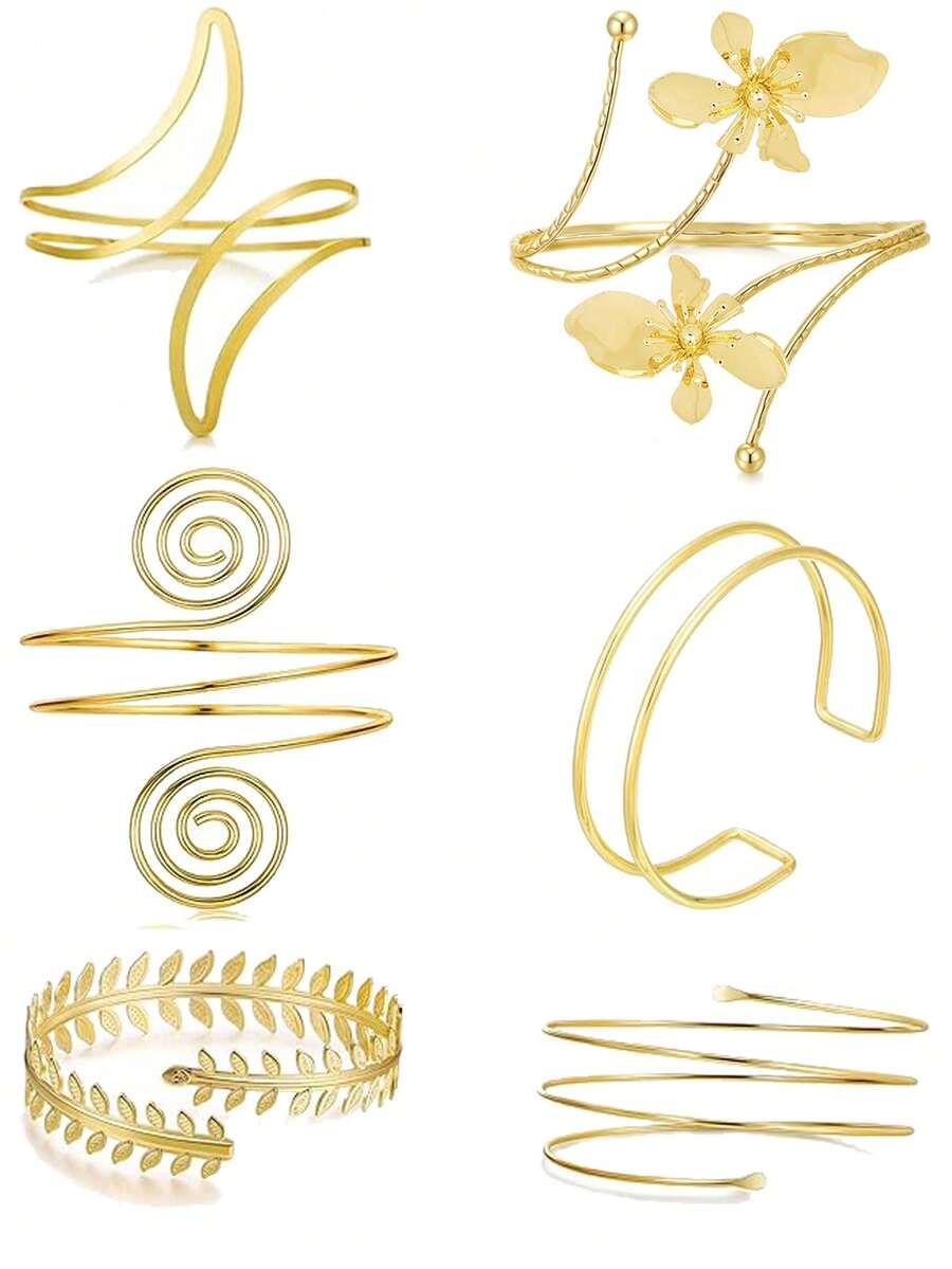 Bộ 6 vòng tay kim loại tối giản họa tiết hoa, lá và đường nét hình học có thể điều chỉnh, phù hợp để đeo hàng ngày, phong cách đường phố và đi nghỉ - A0007T-13 - Xem 1