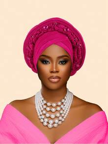 1件重工镶钻多层非洲尼日利亚婚礼头巾，适合婚礼、母亲节礼物、睡帽 - 彩色 - 查看 9
