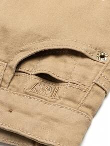 Quần short denim đen cho bé trai thêu logo, màu giặt cũ, cạp chun có thể điều chỉnh, quần short denim Bermuda co giãn - Màu Khaki - Xem 7