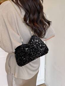 Bolso de hombro pequeño con lentejuelas de moda, bolso cuadrado pequeño con cadena para mujer, lentejuelas - Negro - Ver 4