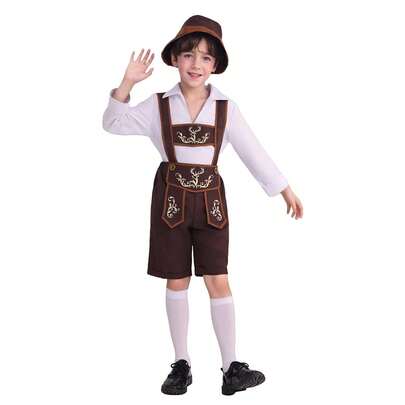 儿童巴伐利亚男孩套装，包括帽子、背带、衬衫和及膝袜，传统德国服饰，适合慕尼黑啤酒节、万圣节、文化活动和舞台表演。