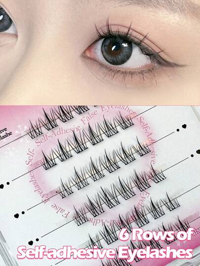 6 Rows Of Self-Adhesive Eyelashes No Glue Natural C Type Curl Press-On False Lashes Pre-Bonded Eyelash Clusters Self-Stick Eyelashes