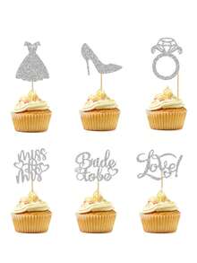 12pcs/Set Glitter Bridal Paper Cupcake Toppers With Heart Ring Dress Bride Photo Props, Wedding Engagement Bachelorette Party Cake Decorations, Silver/Rose Gold