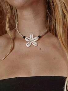 1Pc Boho Handmade Floral Shell Necklace For Women, Peruvian Knot Design,Adjustable Tightness,Suitable For Beach Vacation Wear