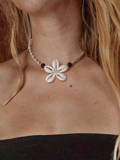 1Pc Boho Handmade Floral Shell Necklace For Women, Peruvian Knot Design,Adjustable Tightness,Suitable For Beach Vacation Wear