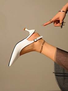 优雅尖头细高跟凉鞋，性感女士派对礼服鞋，适合通勤、夜店、婚礼、户外，皮革扣带，小猫跟，白色高跟鞋，可搭配礼服，四季皆宜 - 白色 - 查看 5