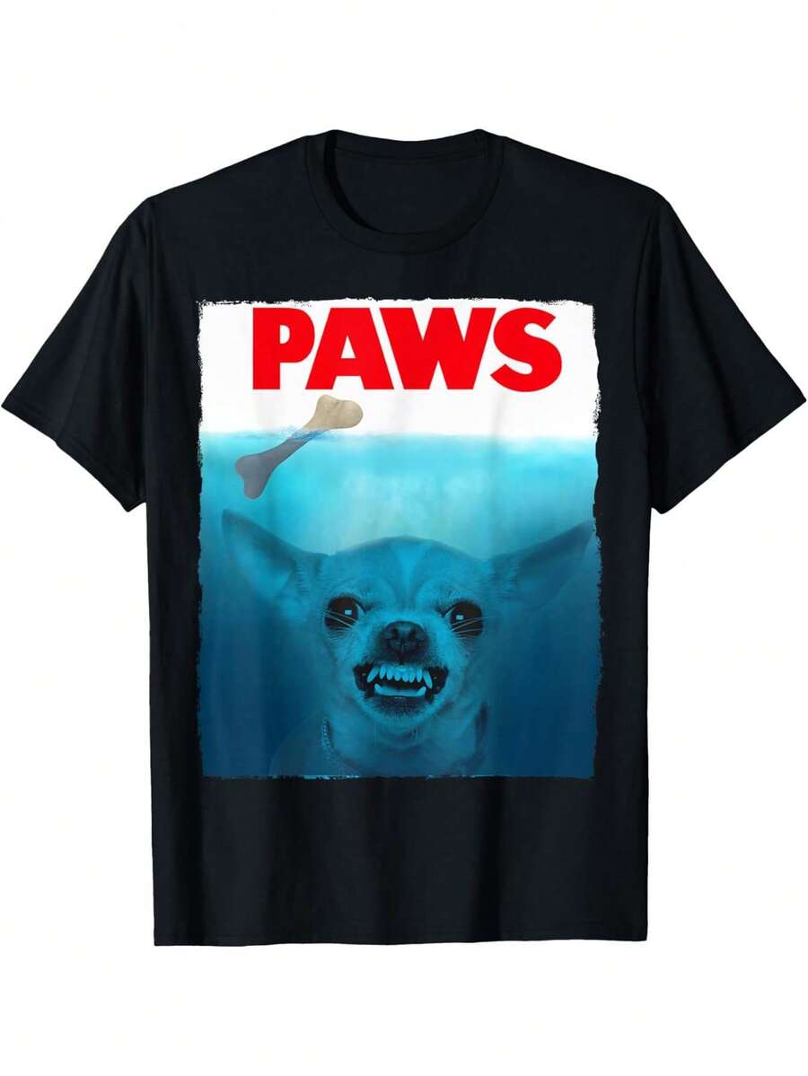 Men's Funny Chihuahua Paw Print Graphic T-Shirt - "PAWS" Movie Poster Design, Casual Black Short Sleeve Crew Neck Loose Fit All Season Comfort, Novelty Gift For Pet Lovers, Comfortable Clothing | Playful Dog Design | Durable Print Quality, Funny T-Shirts - 黑色 - 查看 1