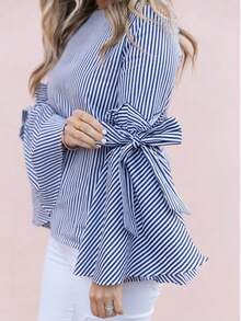 Women's Striped Fabric Bow Flared Sleeve Ruffle Hem Elegant Casual Blouse, Suitable For Travel, Daily, Office, Teacher - Blue - View 6