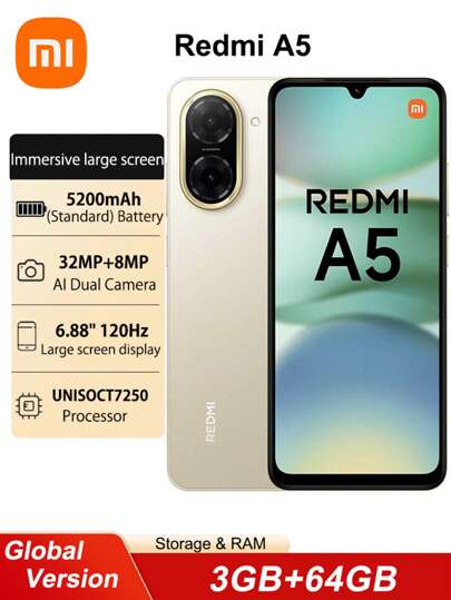 Xiaomi Redmi A5 3GB+64GB 4GB+128GB Wersja globalna Pojemność baterii smartfona 5200mAh 15W Szybkie ładowanie 6,88" Duży ekran Wyświetlacz Dual SIM Android 15 Tylna kamera 32MP