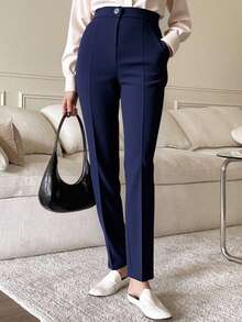 TAD Pantalón elegante para mujer pierna recta cintura entallada tela suave bolsillos botón otoño invierno oficina diario - Azul - Ver 2