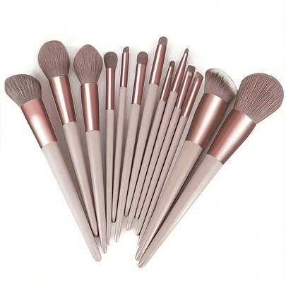 13件套专业化妆刷套装，柔软蓬松的粉底刷、眼影晕染刷，含化妆海绵，适合初学者，棕色系，化妆工具，柔软纤维，便携旅行套装，送给女性和女孩的礼物