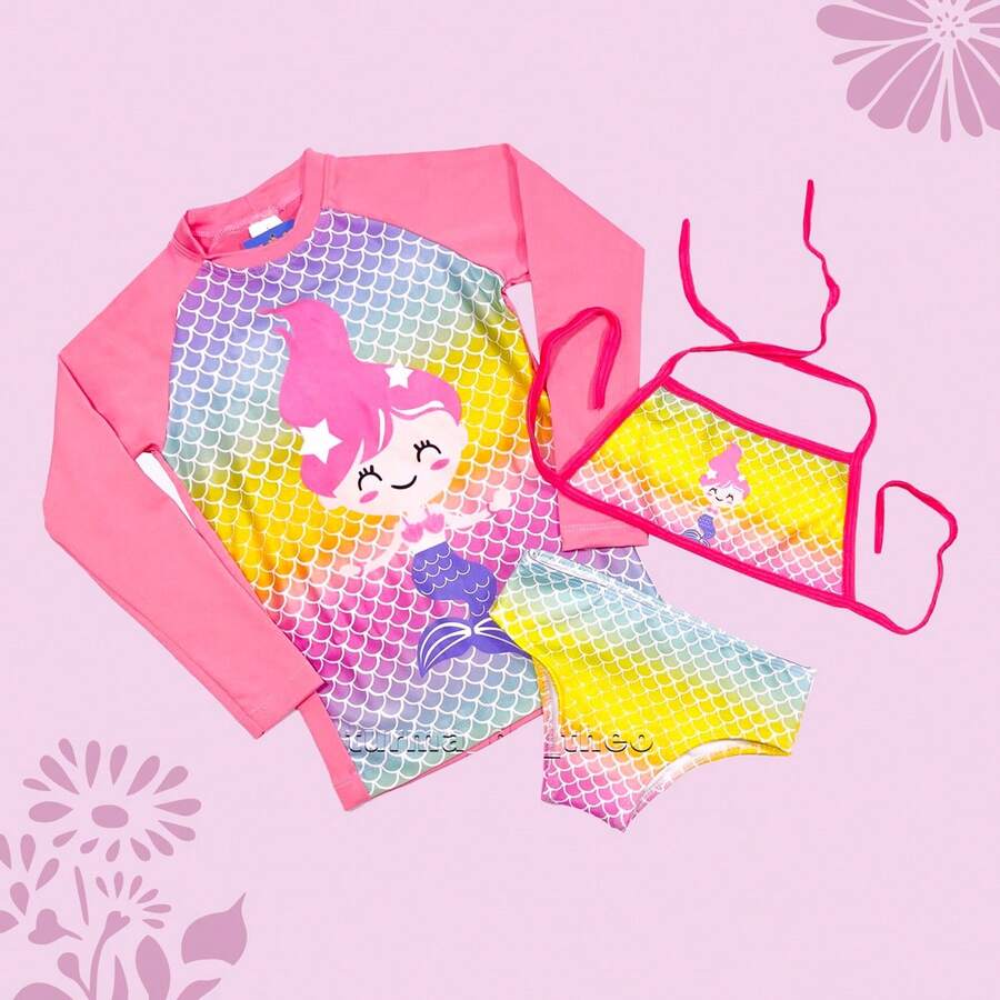 Children's Beach Kit Printed Bikini + UV50 Shirt Sun Protection Girl Summer Pool (1 To 6 Years) - Dusty Pink - View 1